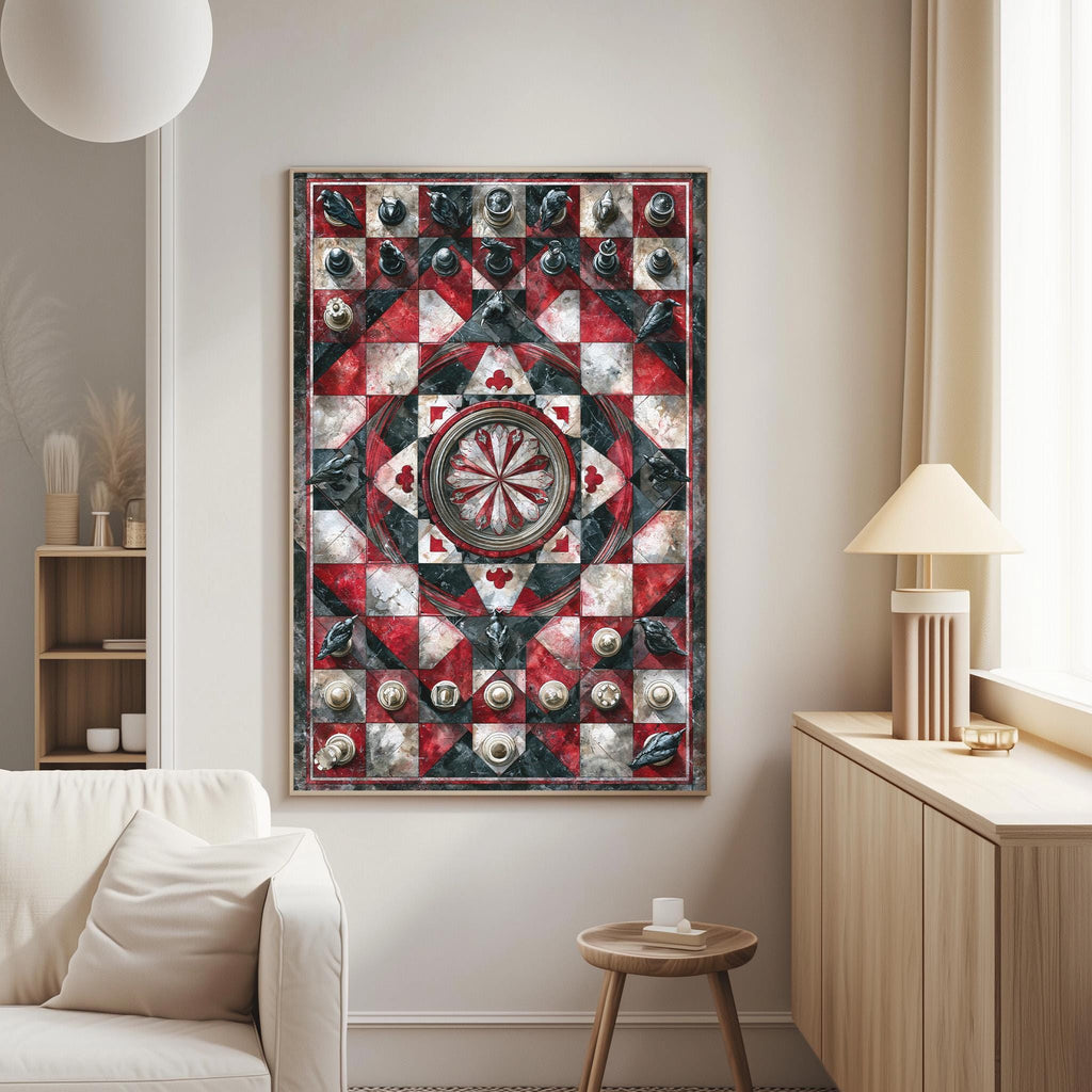 a large, colorful, and intricate quilt hanging on the wall of a living room.