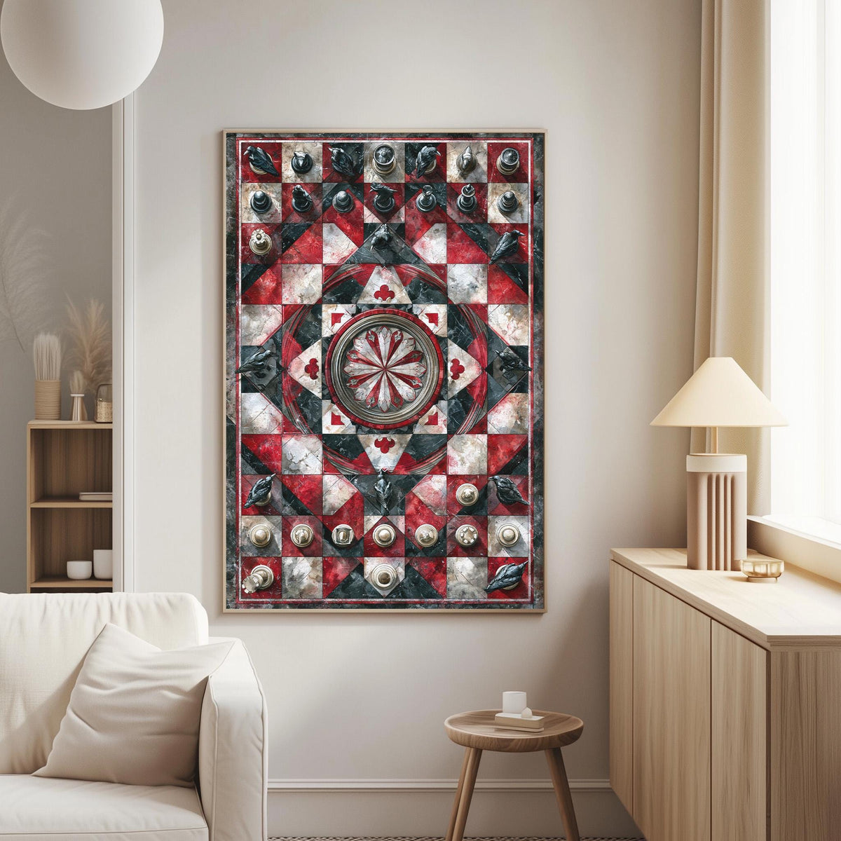 a large, colorful, and intricate quilt hanging on the wall of a living room.