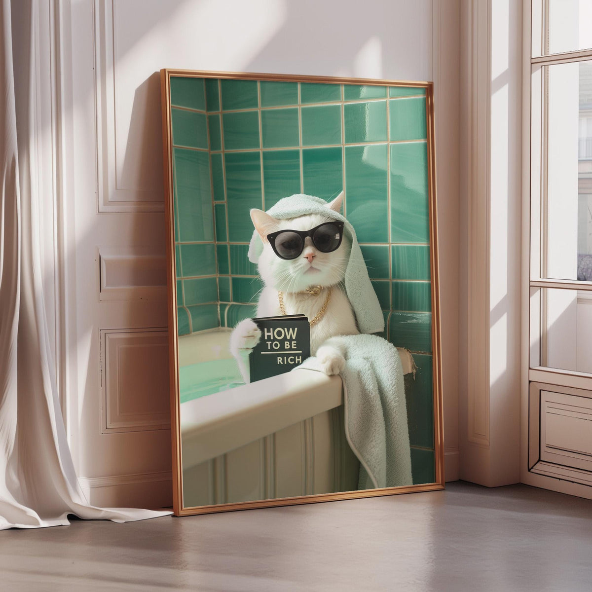 A framed image of a white cat wearing sunglasses and a towel, sitting in a bathtub with a sign that says "How to be rich".