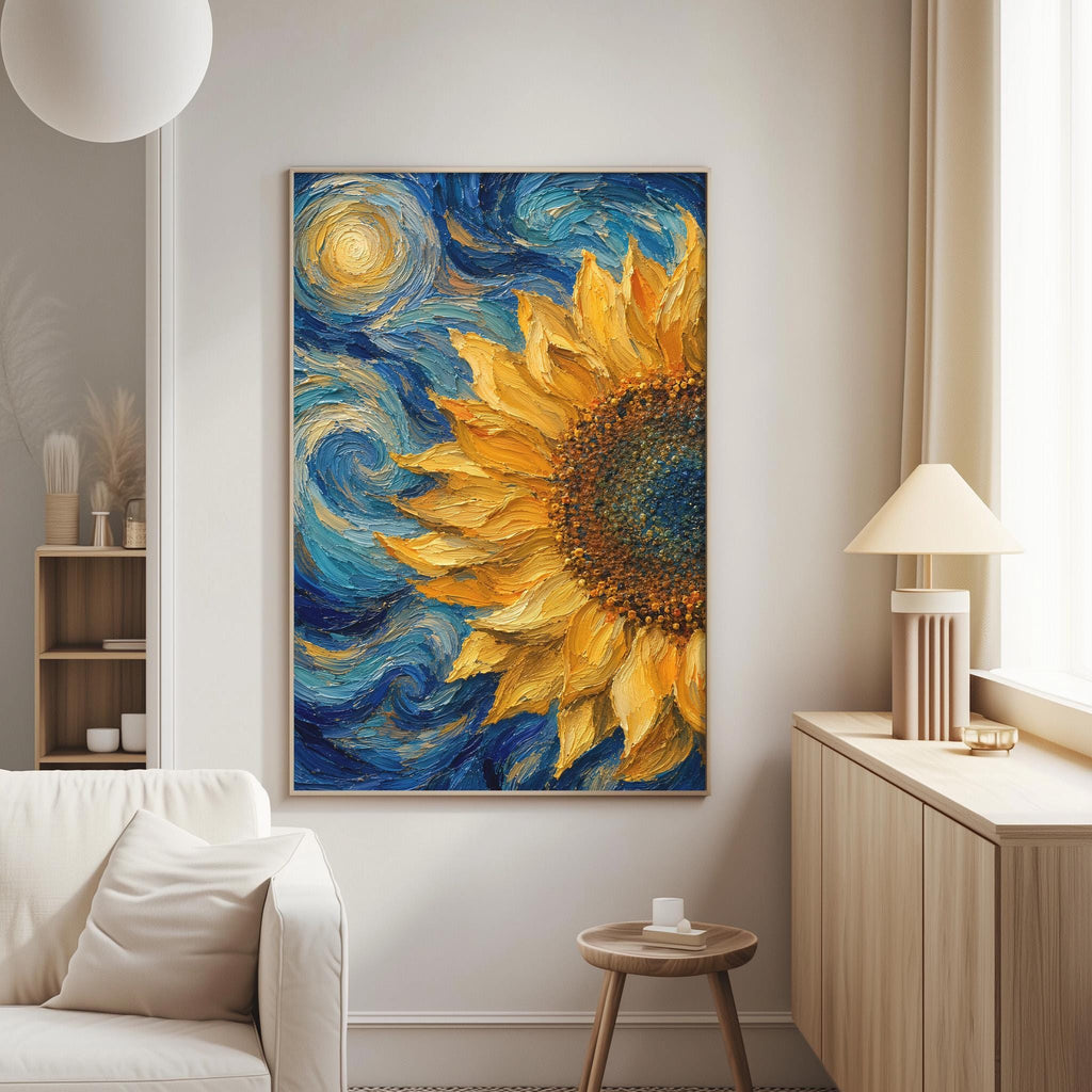 a large, vibrant painting of a sunflower hanging on a wall in a living room.
