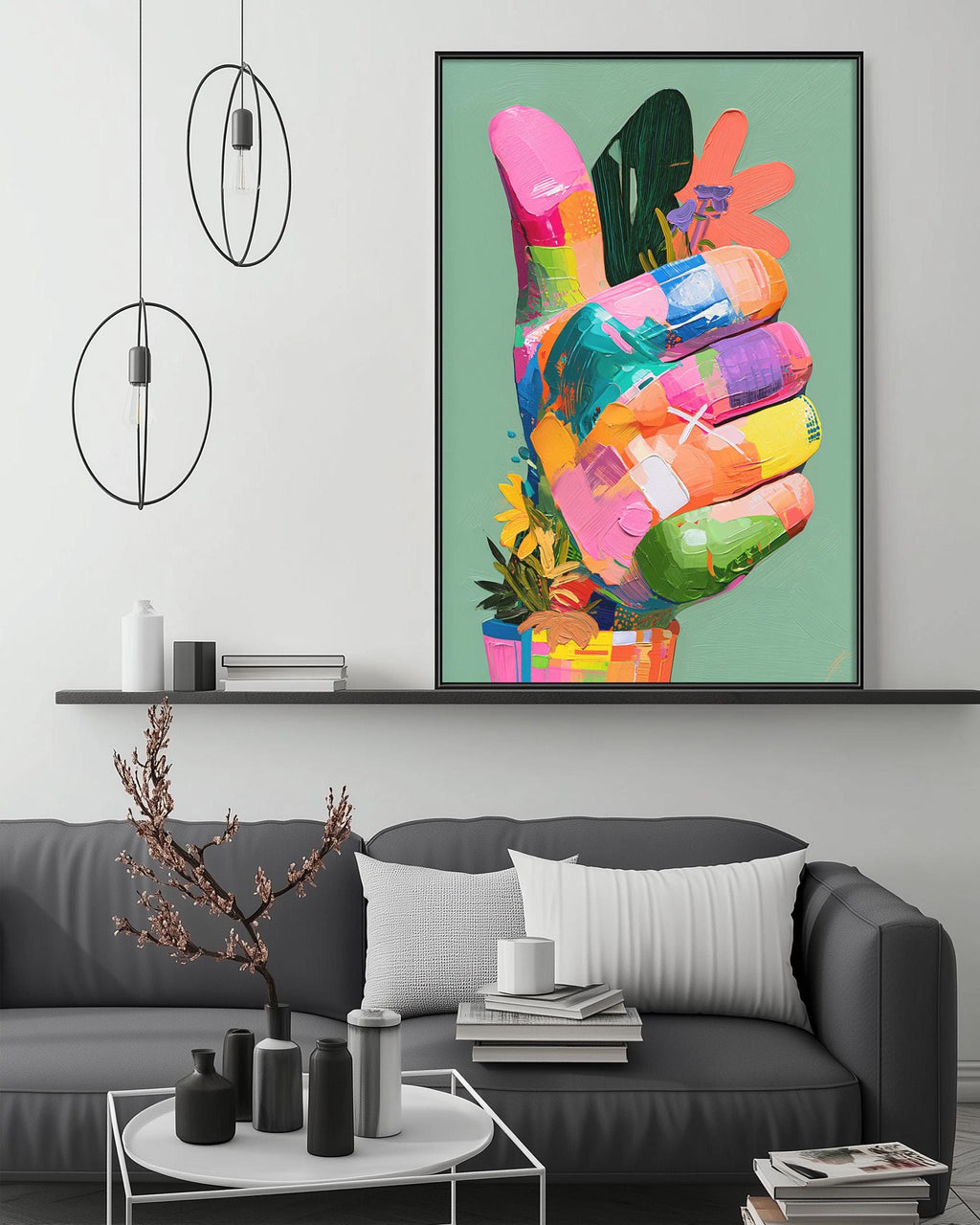 a modern living room with a gray sofa, a coffee table, and a large framed artwork of a colorful hand on the wall.