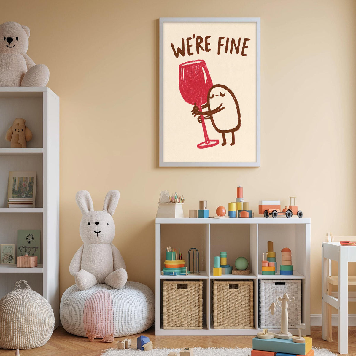 A child's bedroom with a white bookshelf, a stuffed rabbit, and a framed poster with a cartoon character holding a wine glass.