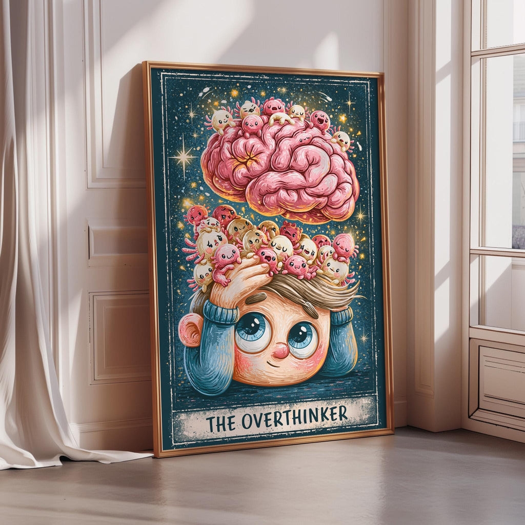 The image is a framed illustration depicting a cartoon character with a pink brain surrounded by various small creatures, with the text "THE OVERTHINKER" below the character.