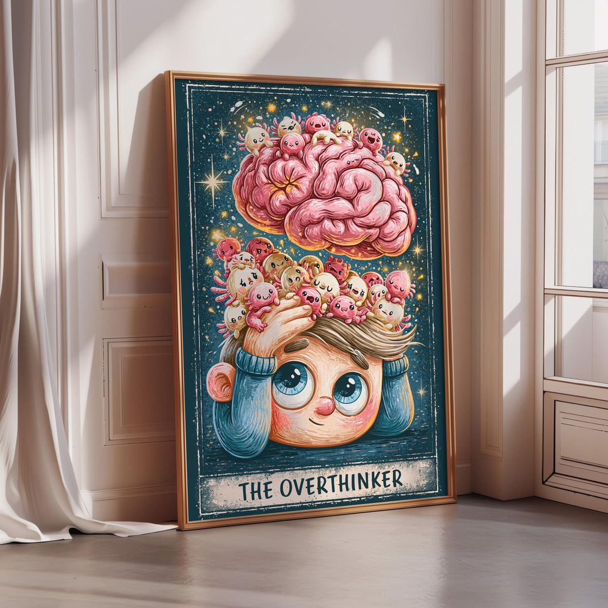 The image is a framed illustration depicting a cartoon character with a pink brain surrounded by various small creatures, with the text "THE OVERTHINKER" below the character.
