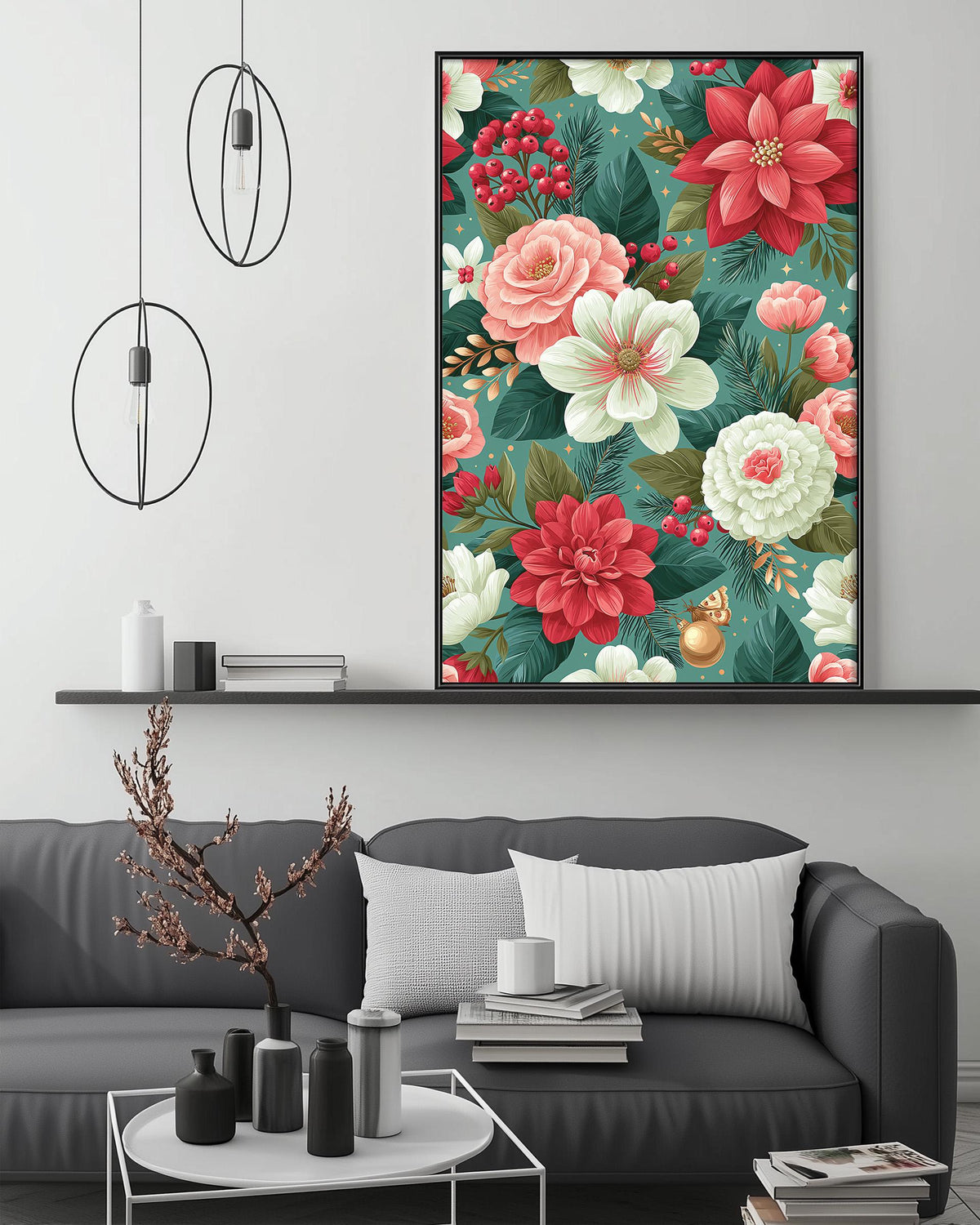 a living room with a gray sofa, a coffee table, and a large floral print hanging on the wall above the sofa.