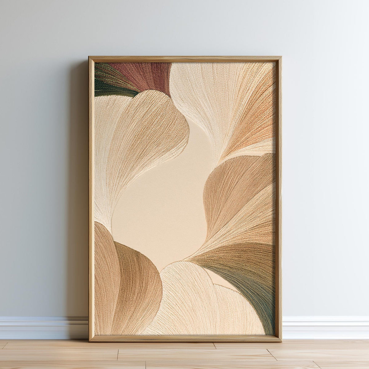 a large, abstract painting with a warm color palette of browns and beiges, displayed on a wall.
