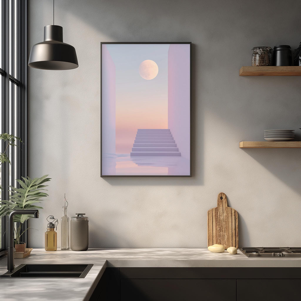 a modern kitchen with a minimalist design, including a framed artwork depicting a staircase leading to a moonlit landscape.