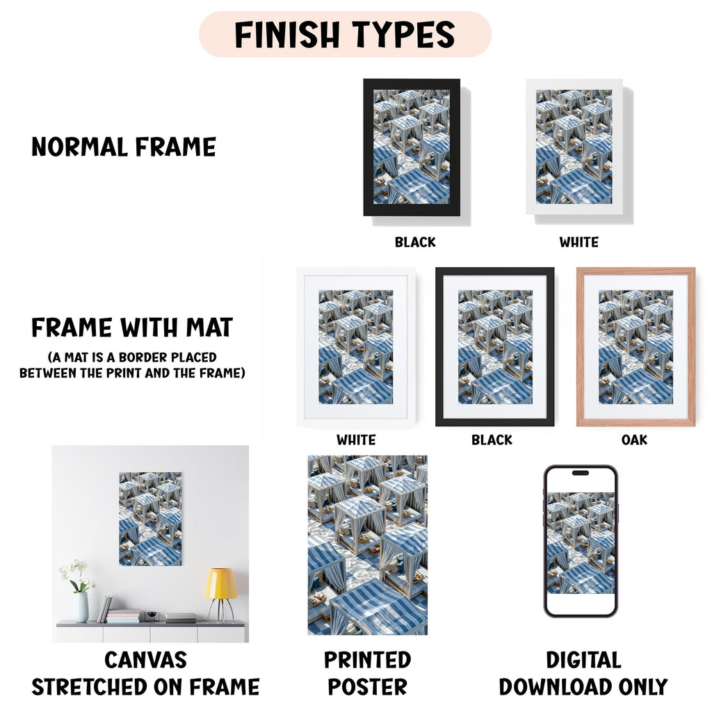 various types of framed artworks, including a normal frame, a frame with a mat, a white frame, a black frame, an oak frame, a white canvas stretched on a frame, a printed poster, and a digital download only.
