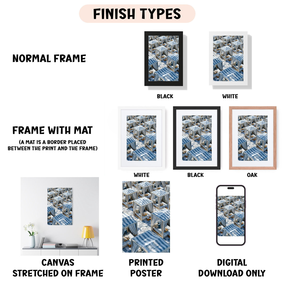 various types of framed artworks, including a normal frame, a frame with a mat, a white frame, a black frame, an oak frame, a white canvas stretched on a frame, a printed poster, and a digital download only.