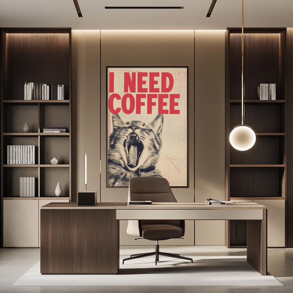 a modern office space with a large framed poster of a cat with the text "I NEED COFFEE" on the wall. The office has a wooden desk, a chair, and a bookshelf filled with books.
