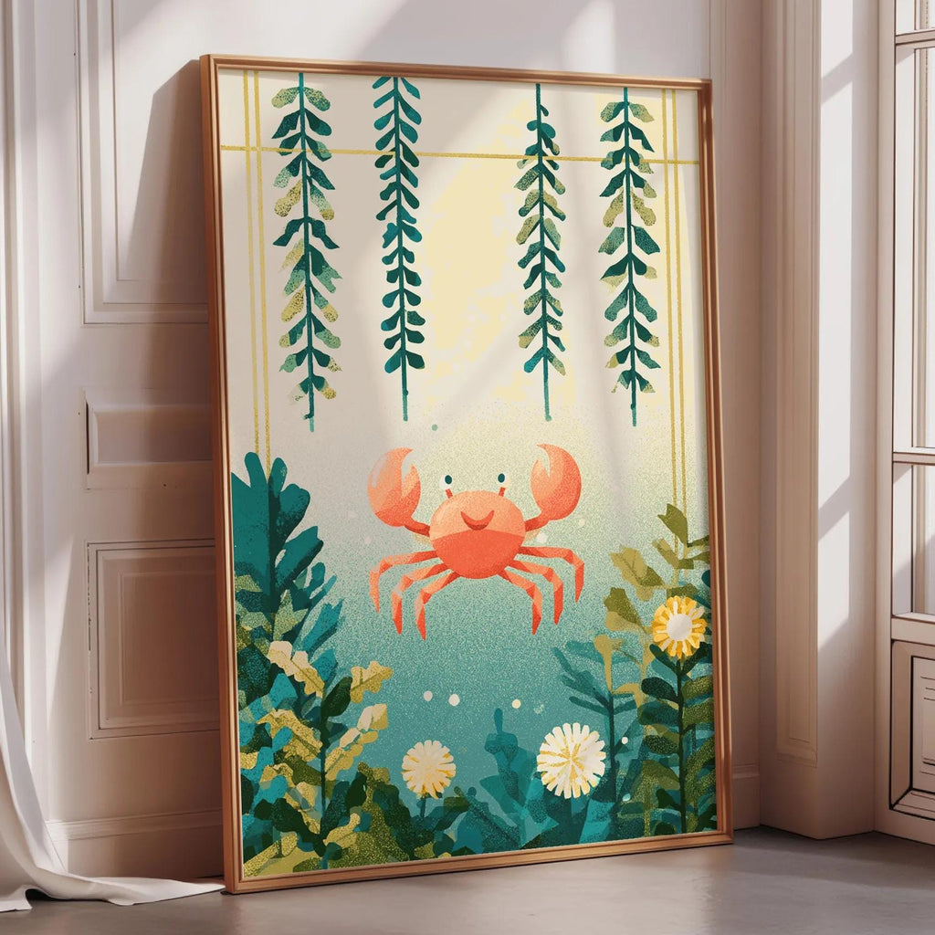 a framed artwork depicting a crab surrounded by a vibrant underwater scene with green plants and yellow flowers.