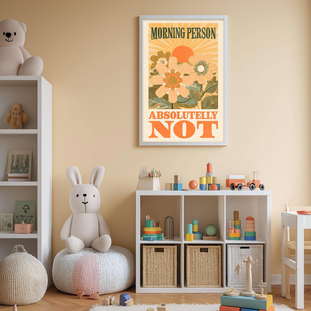 A child's bedroom with a white bookshelf, a stuffed rabbit, and a colorful poster on the wall.