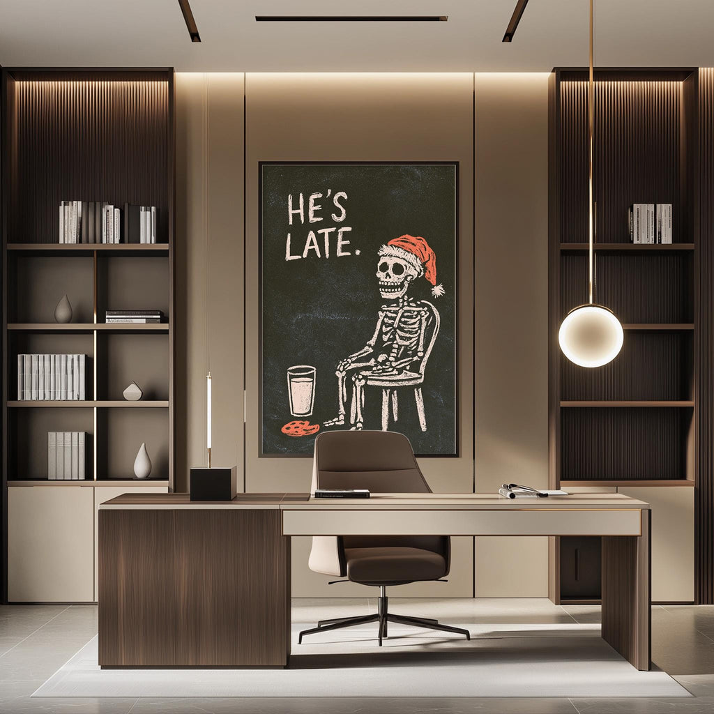 a modern office space with a desk, chair, and a large framed poster on the wall. The poster depicts a skeleton wearing a Santa hat, and the text "HE'S LATE."