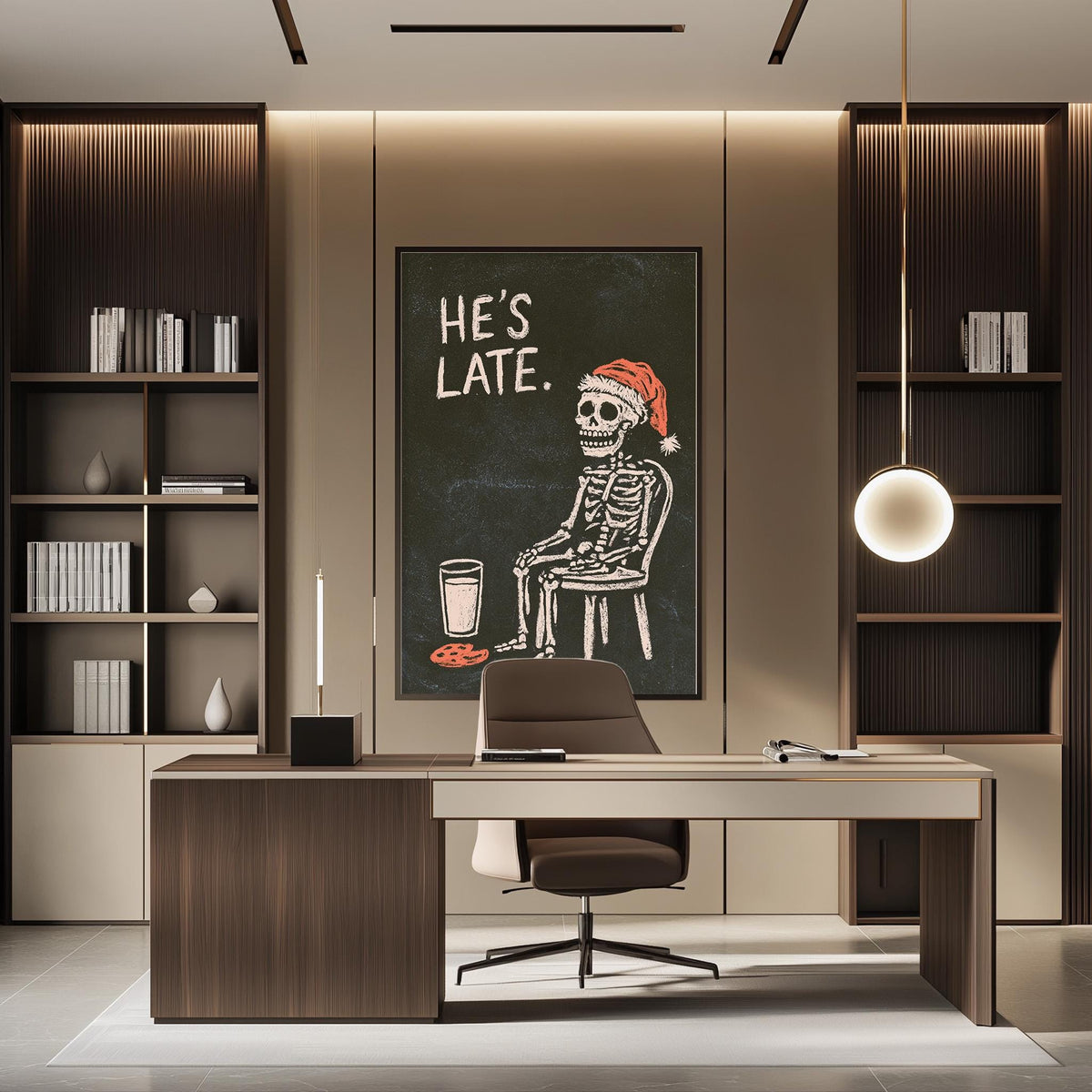 a modern office space with a desk, chair, and a large framed poster on the wall. The poster depicts a skeleton wearing a Santa hat, and the text "HE'S LATE."