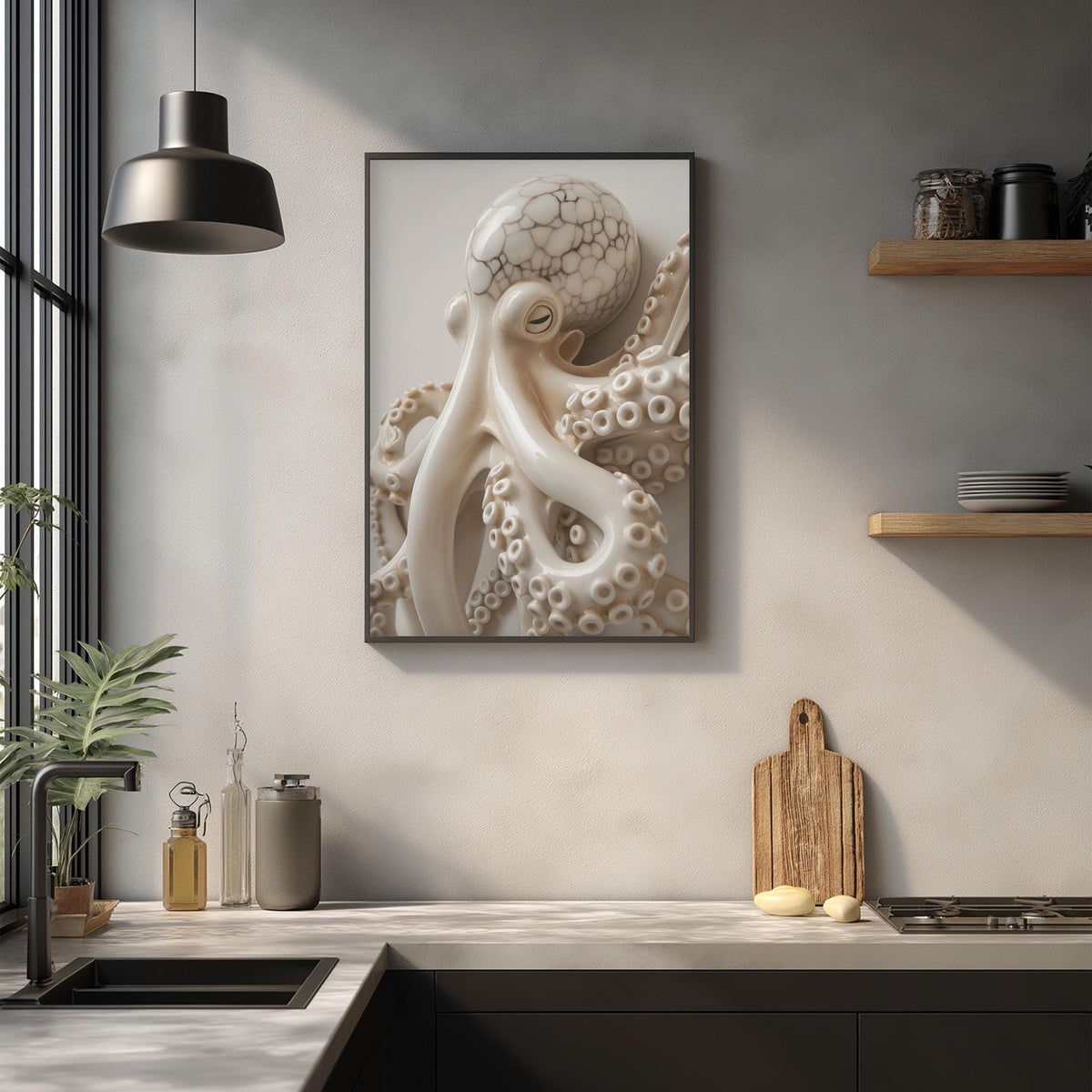 a framed photograph of an octopus on the wall above a kitchen counter with various kitchen items and decor.