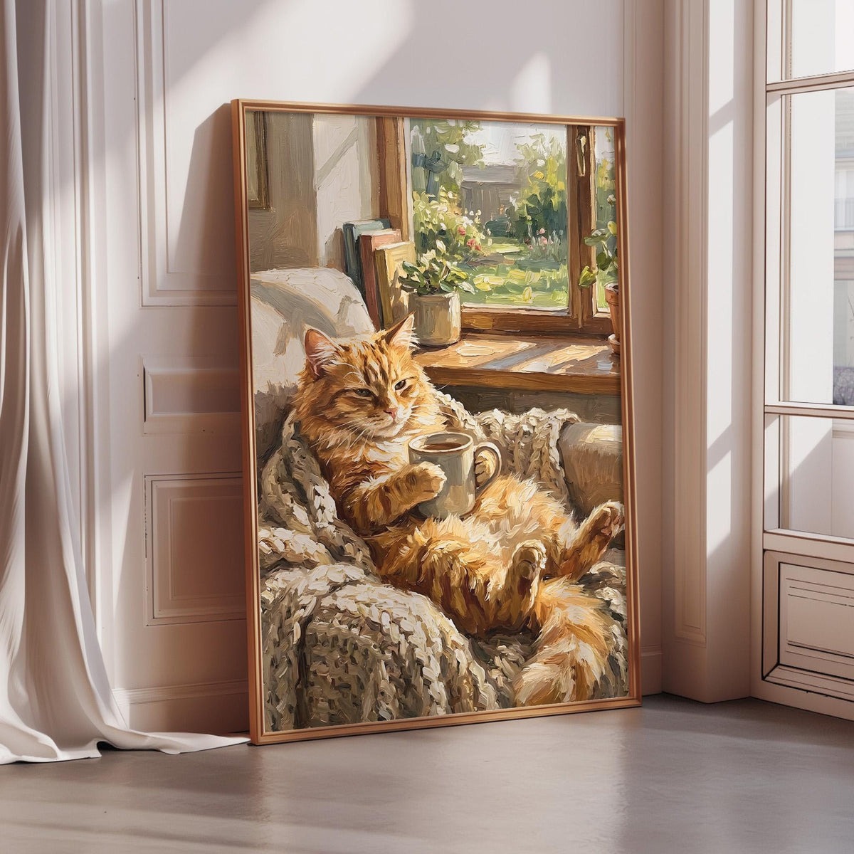 A framed painting depicting a cat lounging on a couch, with a window and potted plants visible in the background.