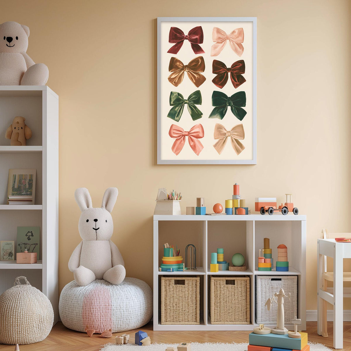 A cozy and colorful children's bedroom with a large stuffed rabbit, shelves filled with toys, and a framed print of bows on the wall.