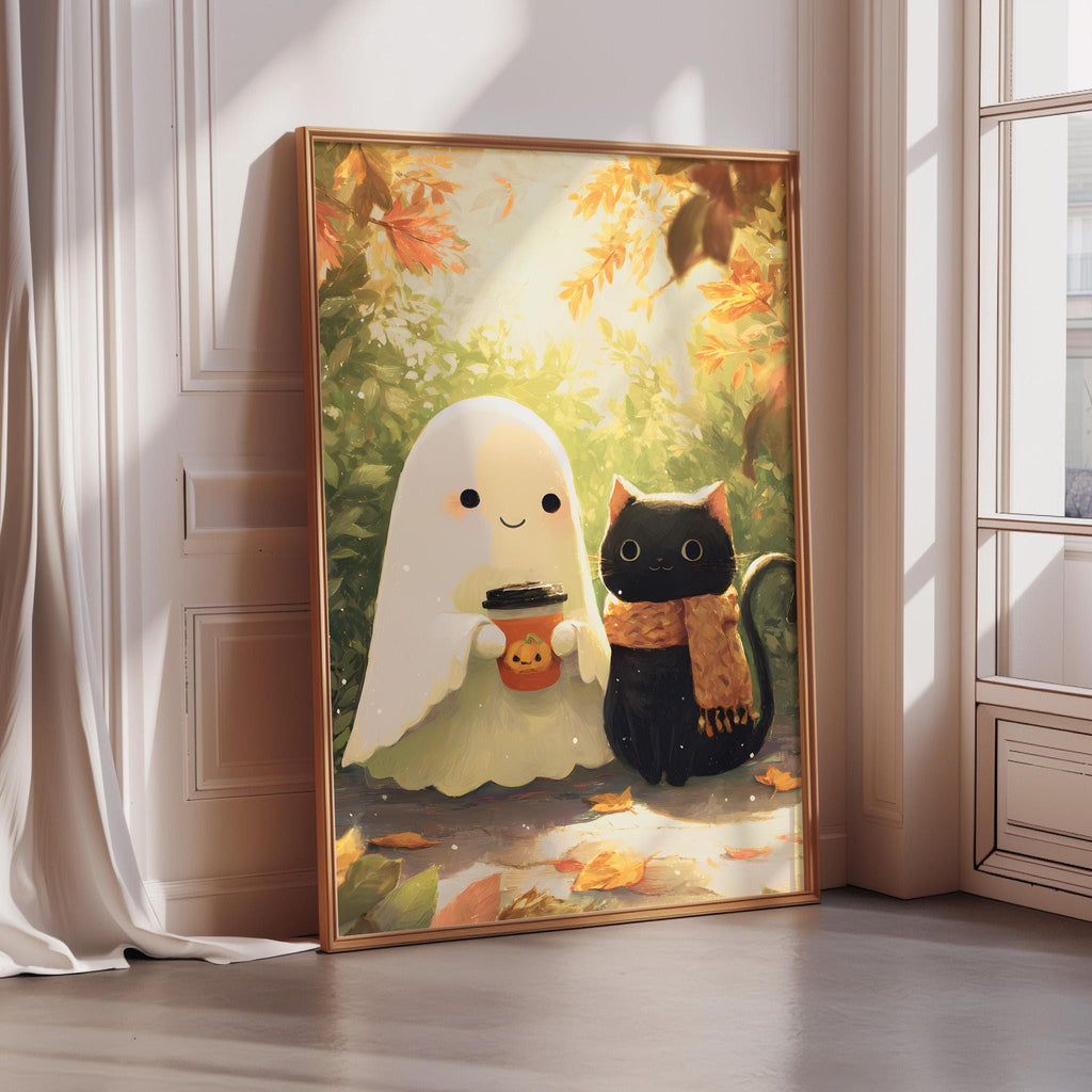 a framed illustration of a ghost and a cat, both dressed in Halloween-themed outfits, standing together in a forest setting with autumn leaves.