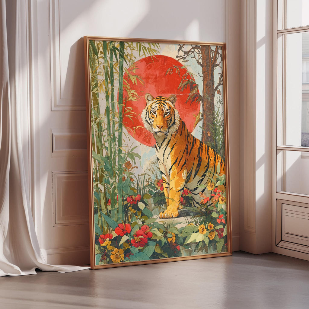 A framed painting of a tiger standing in a lush, tropical setting with a large red sun in the background.