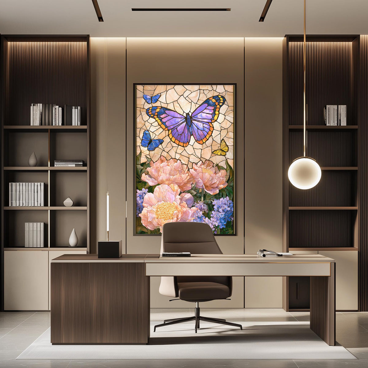 a modern and well-lit office space with a large, colorful stained glass butterfly artwork hanging on the wall above a wooden desk.