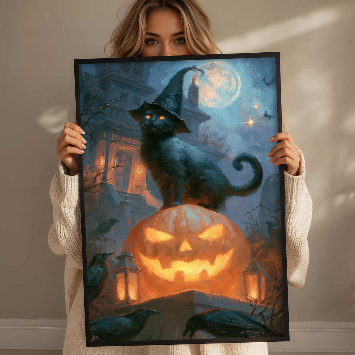 A woman holds up a framed painting depicting a black cat wearing a witch's hat, standing on a jack-o-lantern with a full moon in the background.