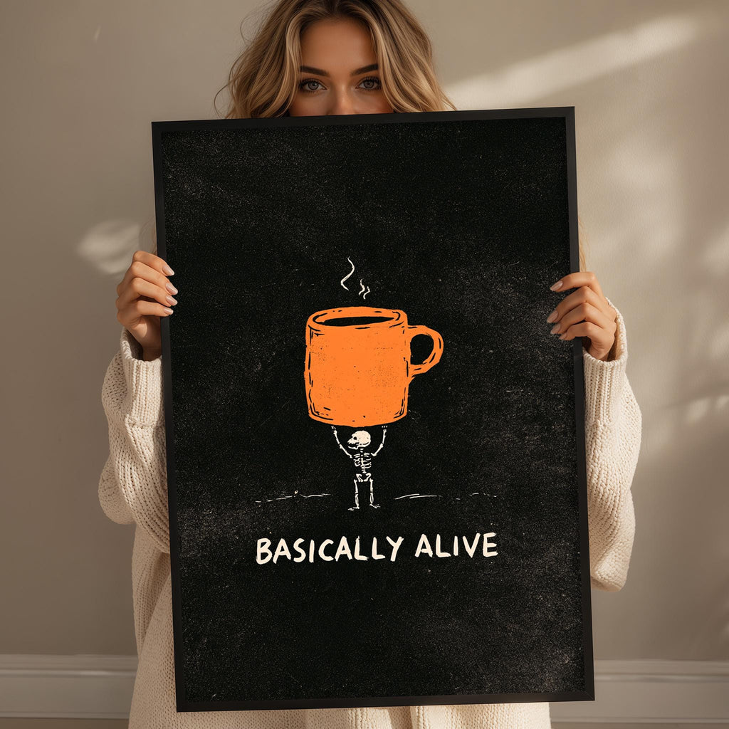 A woman holding a framed poster with an illustration of a skeleton holding a coffee mug.