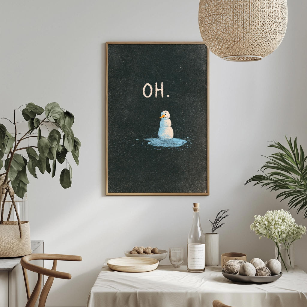 a dining table with a bowl of fruit, a bottle, and a vase of flowers, along with a potted plant and a hanging light fixture. Above the table, there is a framed picture with the text "OH" on it.