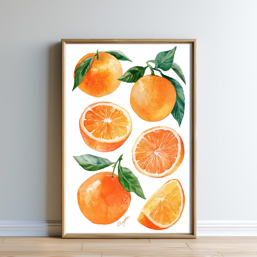 The image is a framed print featuring a vibrant illustration of oranges, including whole oranges, sliced oranges, and leaves.