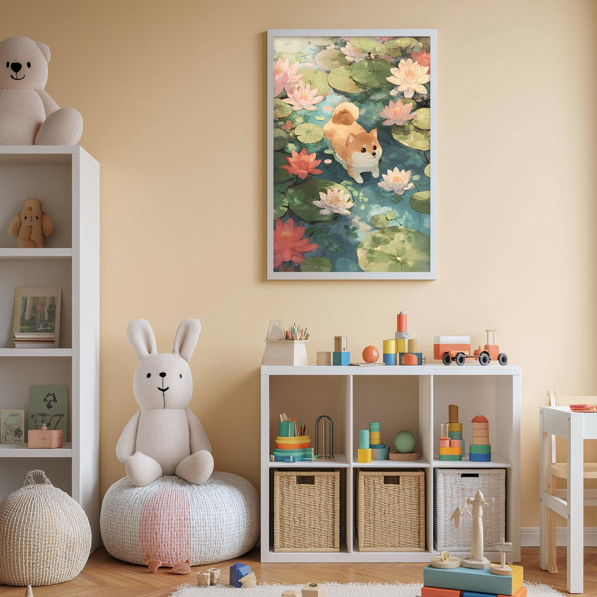A cozy children's room with a white bookshelf, a plush rabbit, and a colorful toy box filled with toys. A framed painting of a cat swimming in a pond with flowers is hanging on the wall above the bookshelf.