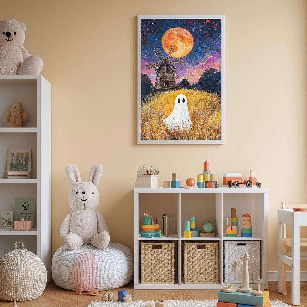 a cozy and playful children's bedroom, featuring a white rabbit sitting on a bean bag chair, a white shelf with various toys, and a framed painting of a ghost in a field with a windmill in the background.