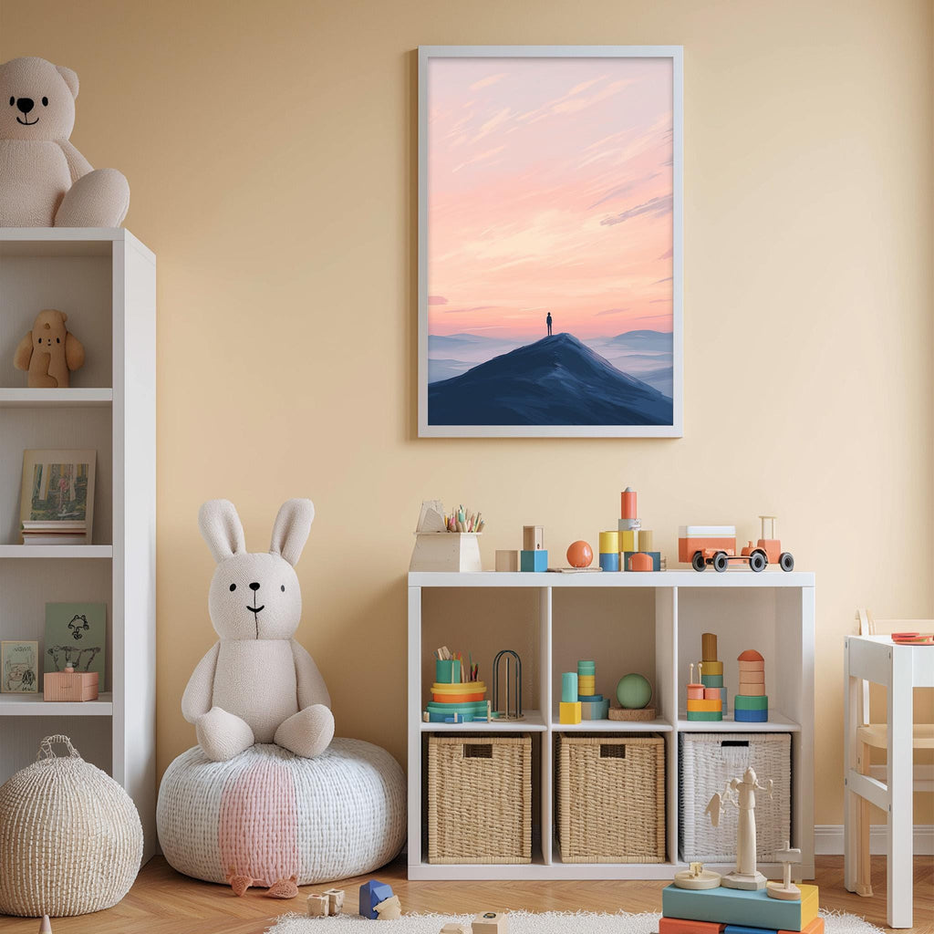 A cozy children's room with a large stuffed bunny, a bookshelf, and a toy chest filled with toys. The room has a warm, inviting atmosphere with a framed picture of a mountain landscape hanging on the wall.