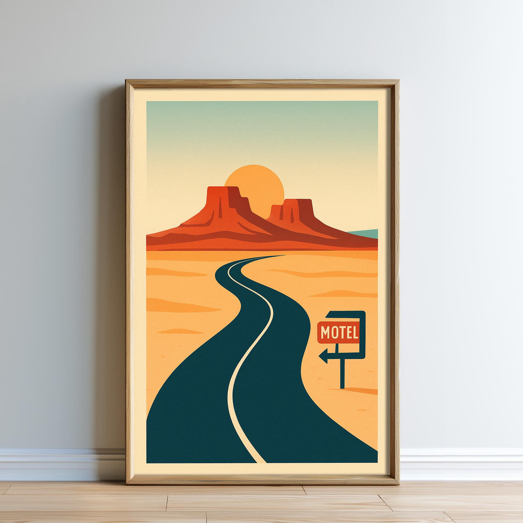 The image is a framed illustration depicting a desert landscape with a winding road leading towards a motel sign.