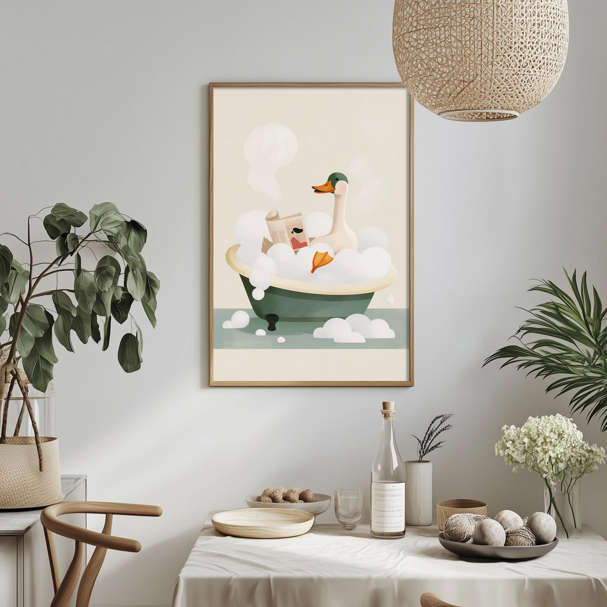 a cozy and whimsical scene of a duck taking a bath in a green tub, surrounded by various decorative elements such as plants, a bowl of fruit, and a bottle of soap.
