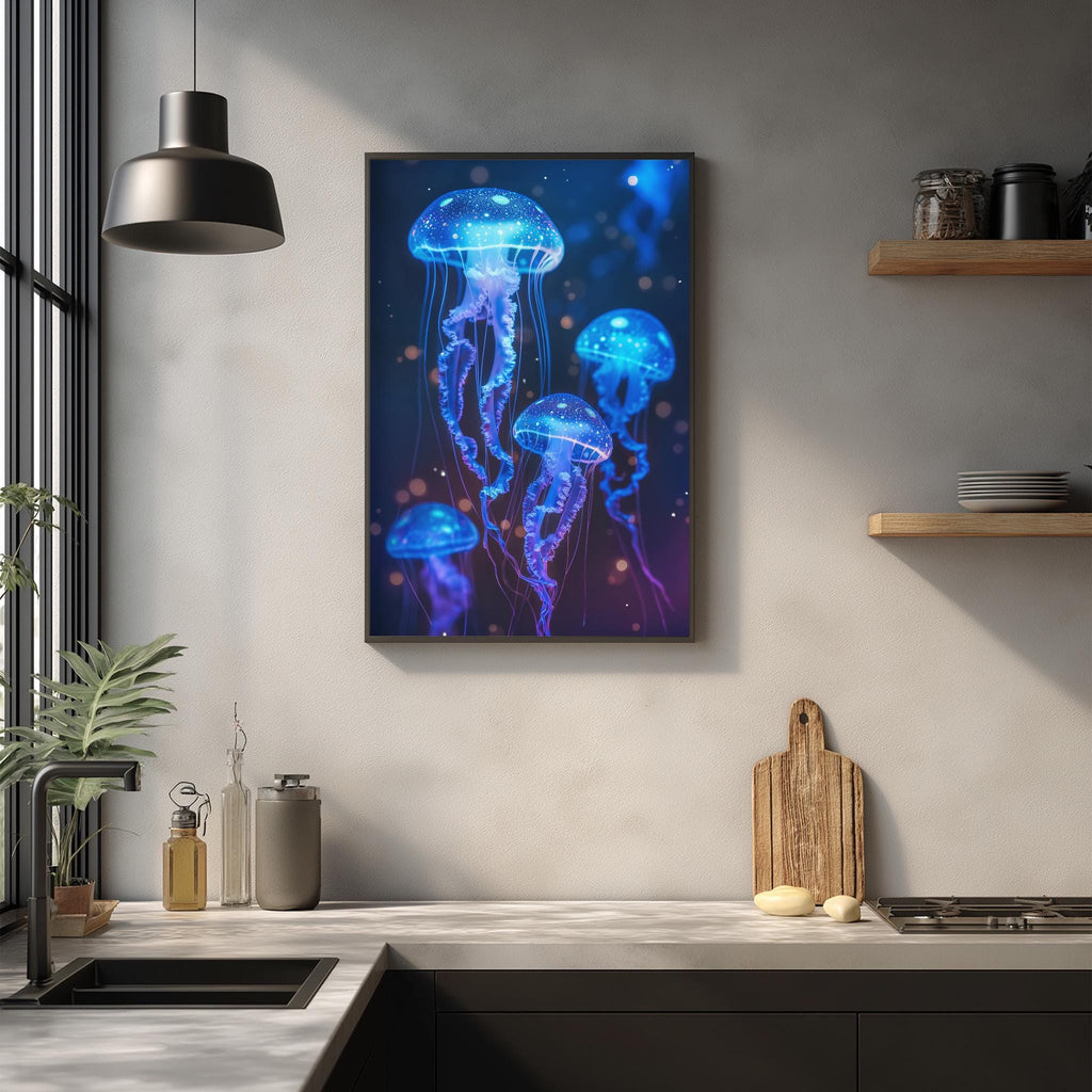 a framed artwork of jellyfish with blue and purple hues, hanging on a wall above a kitchen counter.