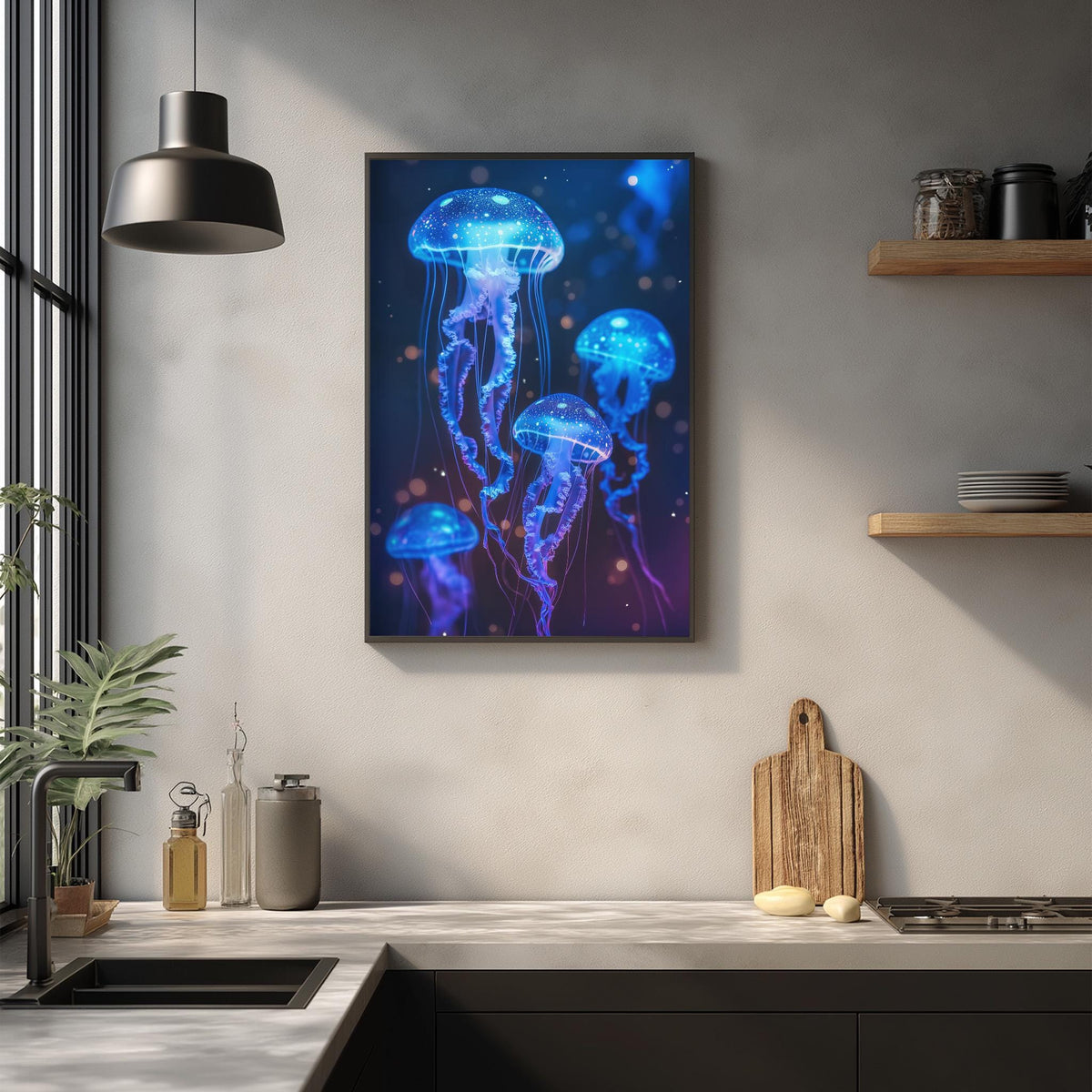 a framed artwork of jellyfish with blue and purple hues, hanging on a wall above a kitchen counter.