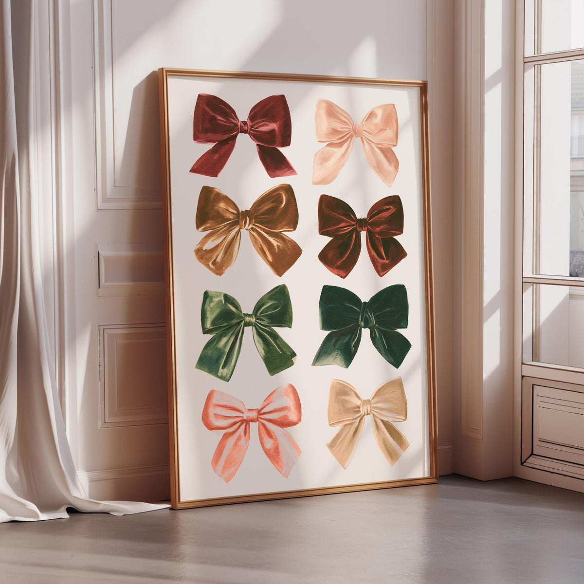 A framed collage of nine bows in various colors, including red, pink, green, and gold, arranged in a grid-like pattern on a white background.