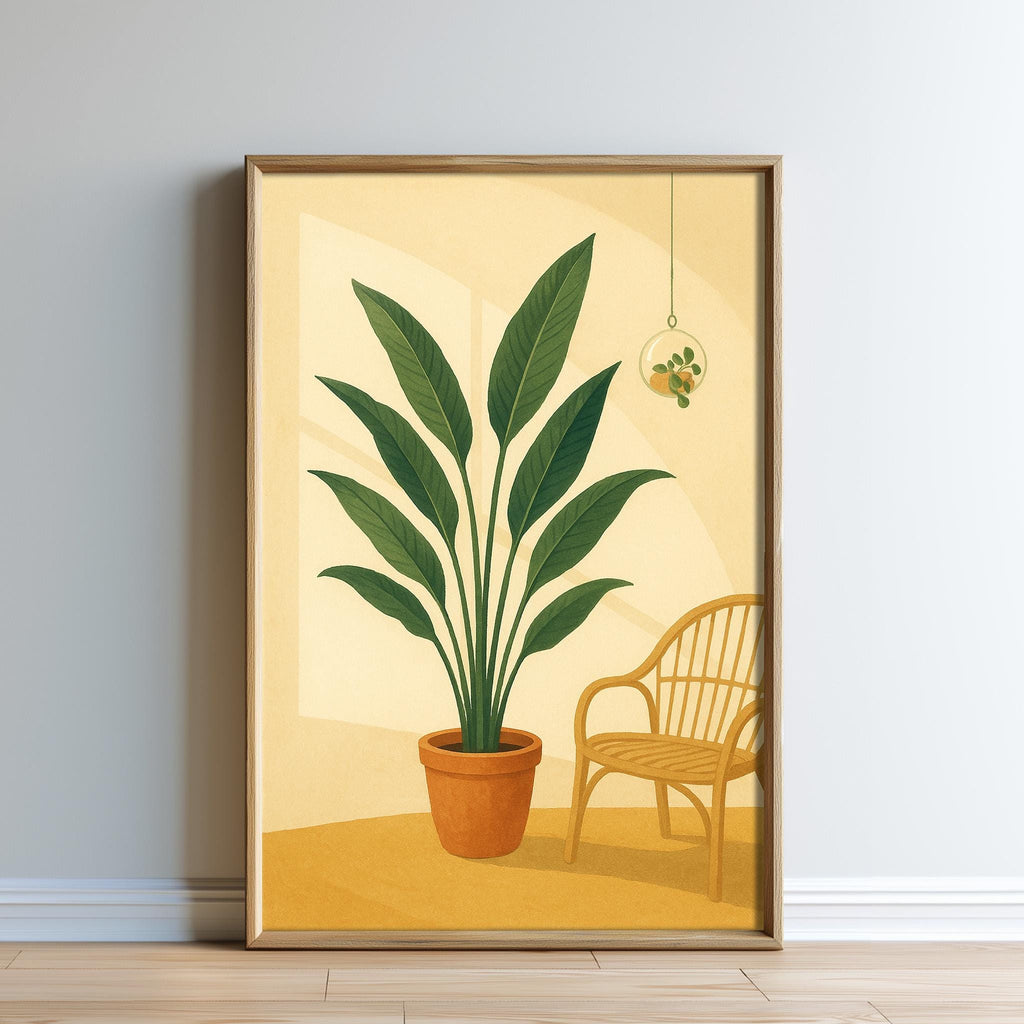 A framed illustration of a potted plant with large green leaves, placed next to a yellow chair, against a light yellow background.