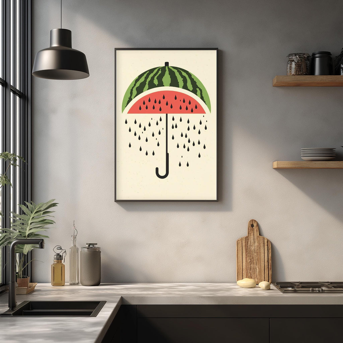 a kitchen counter with a framed artwork of a watermelon umbrella with raindrops hanging from it, along with a wooden cutting board and other kitchen items on the counter.