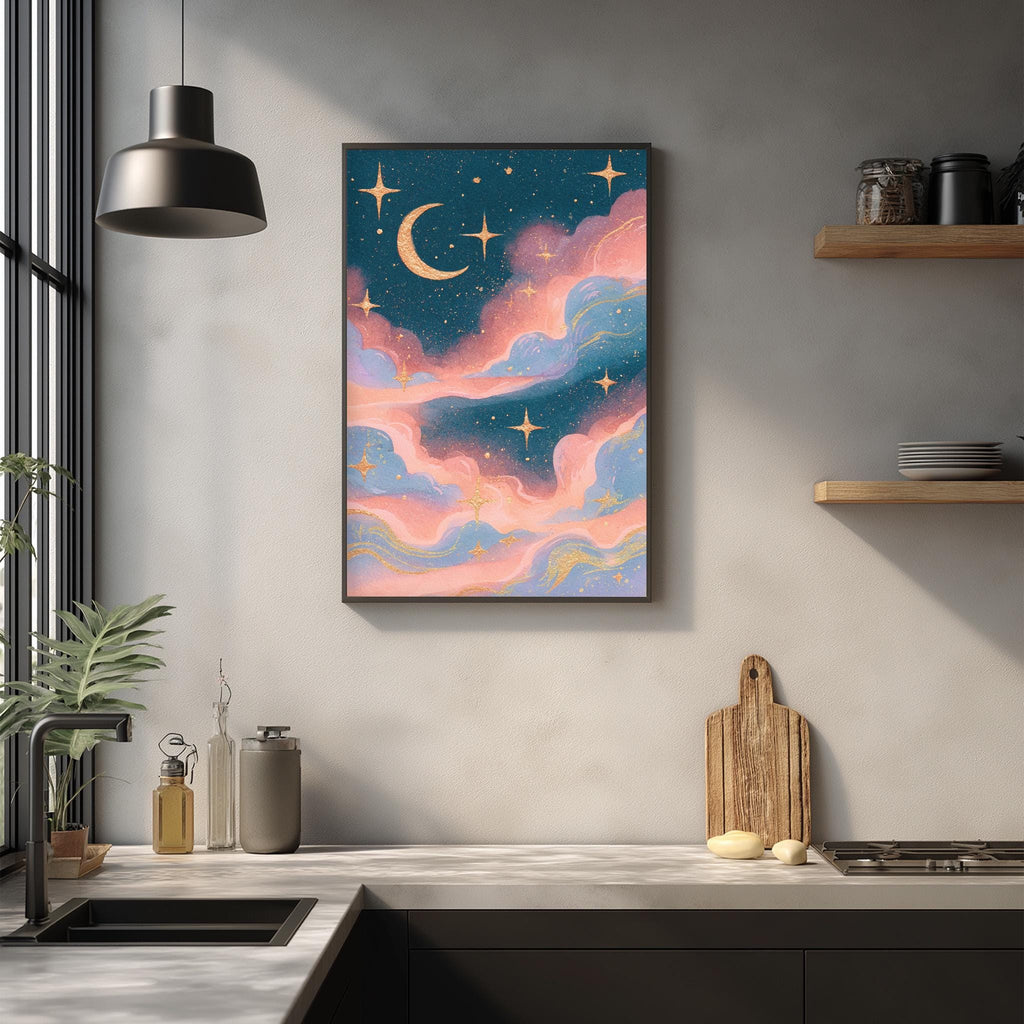 a kitchen counter with a framed painting of a night sky with stars and a crescent moon hanging above it. The painting has a vibrant color palette of blue, pink, and orange, creating a whimsical and dreamy atmosphere. The kitchen counter also has various items such as a cutting board, a bottle, and a plant, adding to the overall aesthetic of the space.