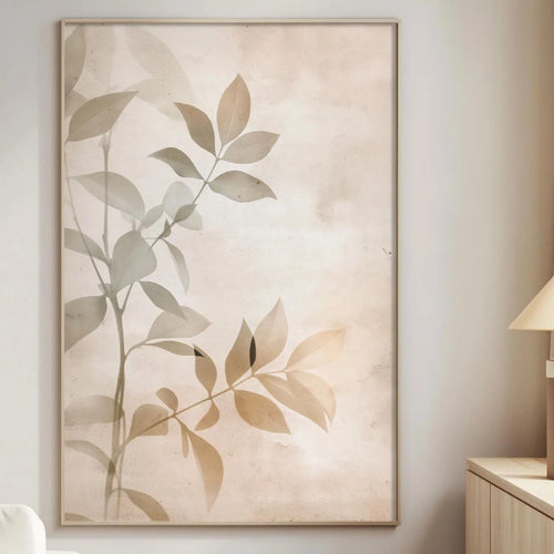 a serene and modern living room with a large framed print of a leafy plant on the wall, a white sofa, a wooden side table, and a lamp on a wooden cabinet.