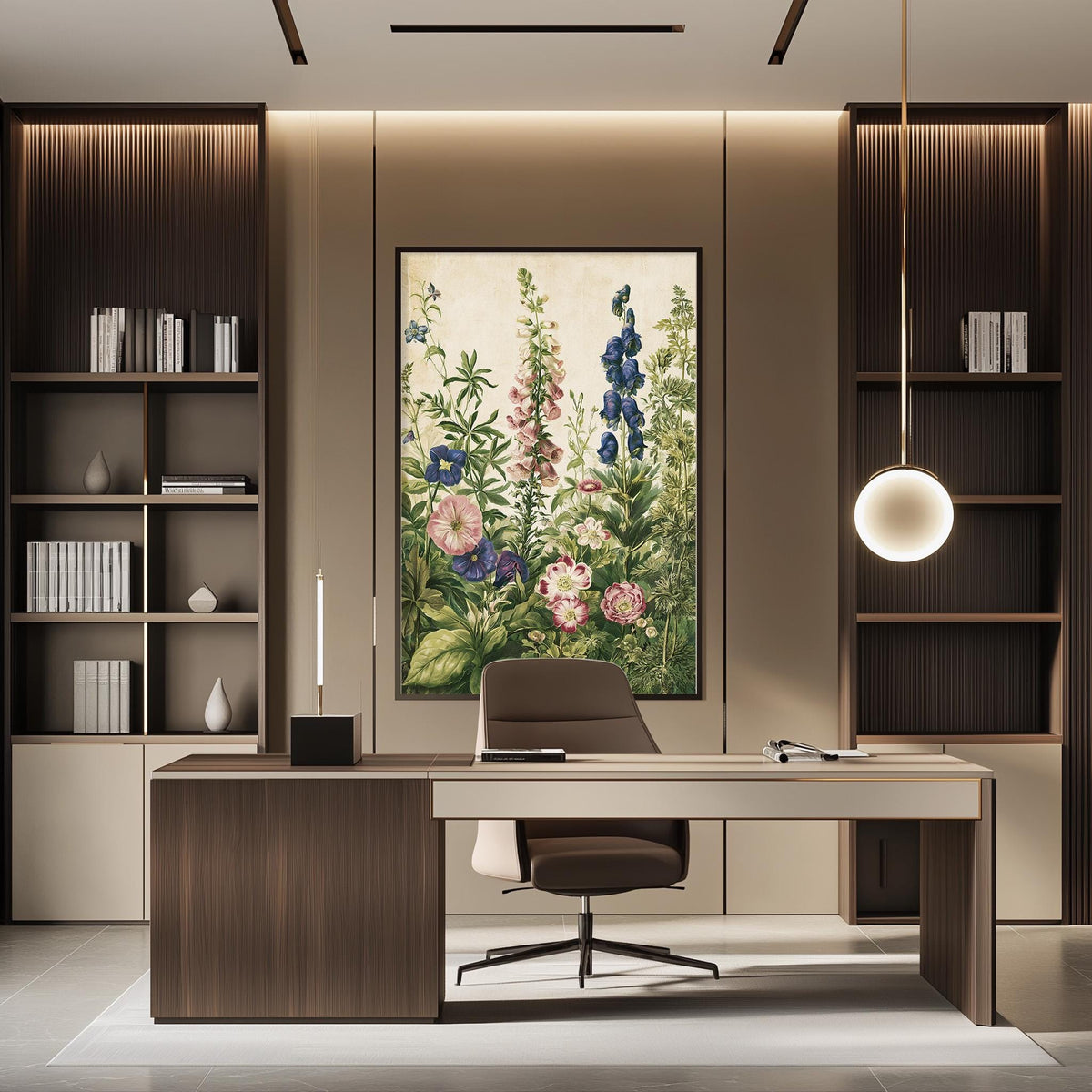 a modern and well-lit office space with a large floral painting on the wall, a wooden desk with a chair, and built-in bookshelves.