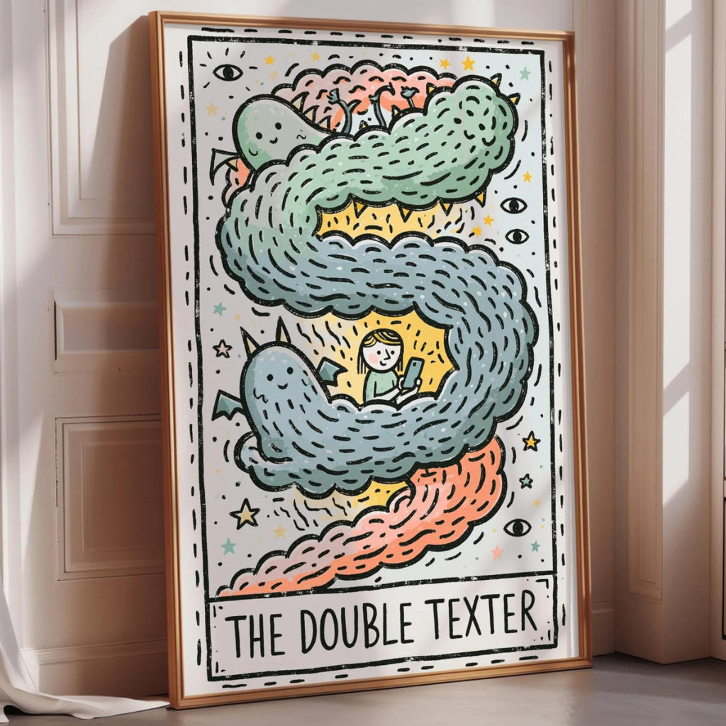 The image is a poster with a colorful illustration of a character named "The Double Texter" surrounded by various whimsical elements such as clouds, stars, and a dragon.