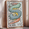 The image is a poster with a colorful illustration of a character named "The Double Texter" surrounded by various whimsical elements such as clouds, stars, and a dragon.