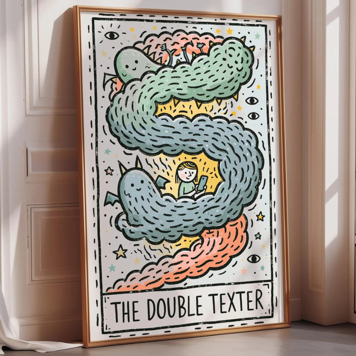 The image is a poster with a colorful illustration of a character named "The Double Texter" surrounded by various whimsical elements such as clouds, stars, and a dragon.