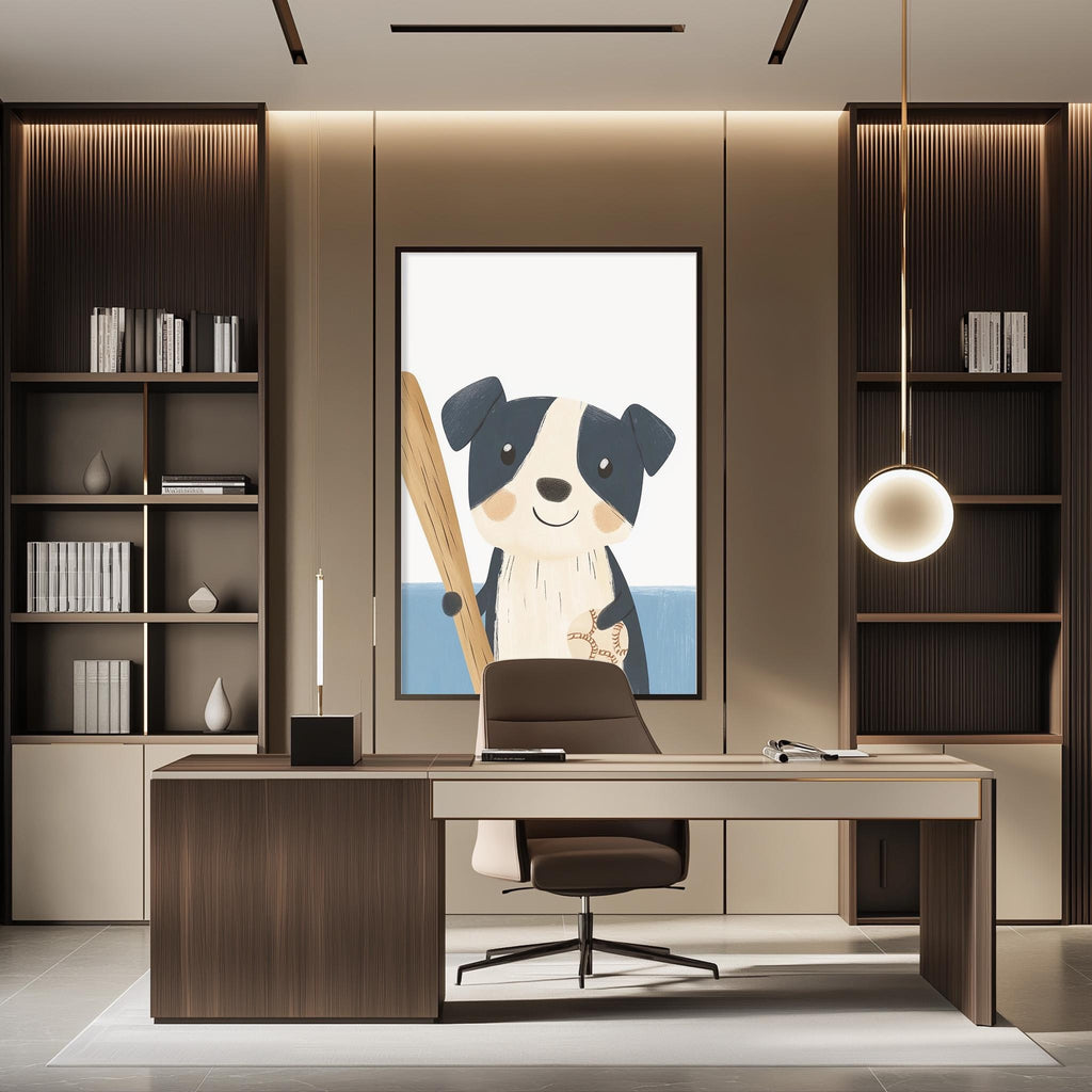 a modern office space with a large framed illustration of a dog holding a surfboard on the wall. The office features a wooden desk, a comfortable chair, and a bookshelf filled with books. The overall design and decor create a professional and stylish atmosphere.