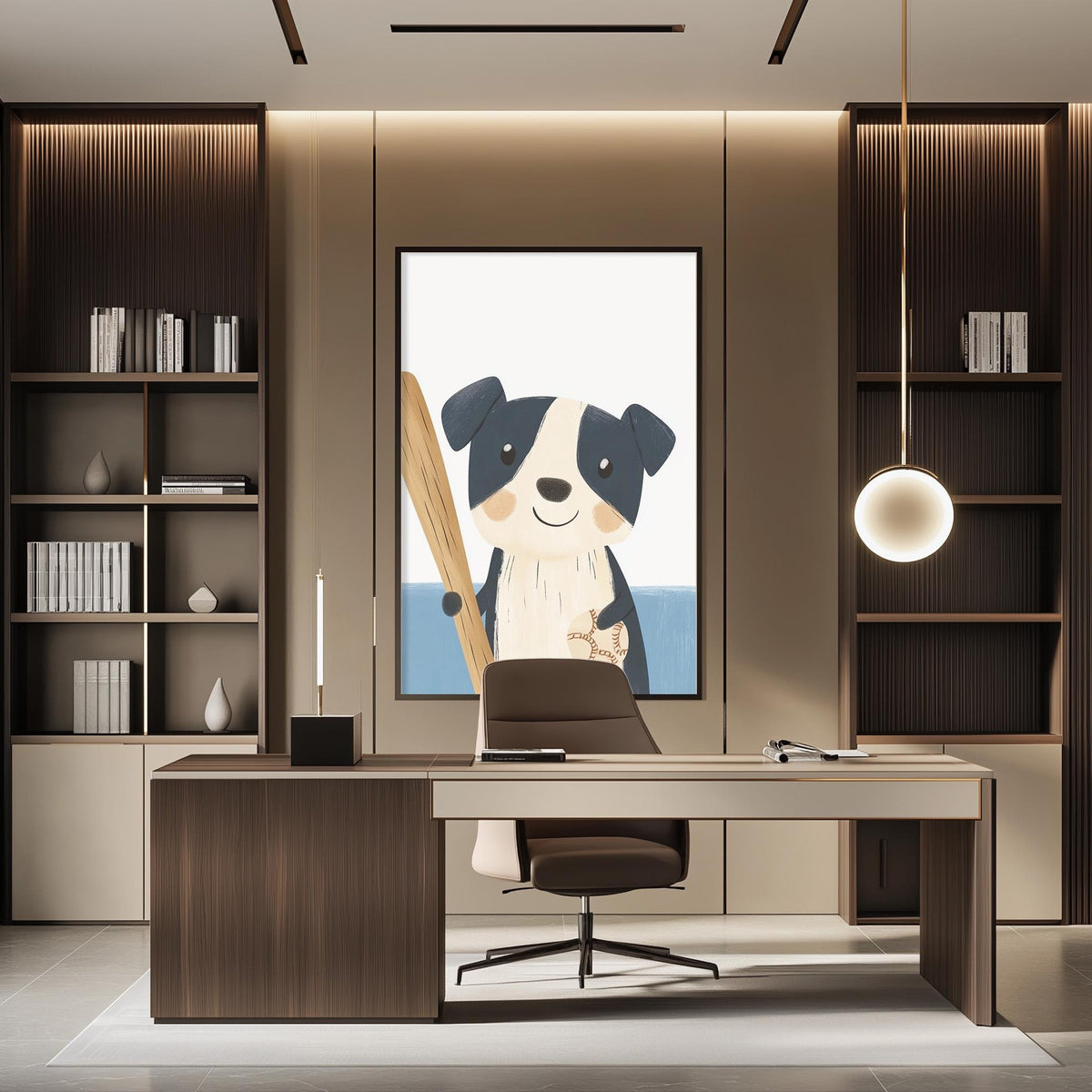 a modern office space with a large framed illustration of a dog holding a surfboard on the wall. The office features a wooden desk, a comfortable chair, and a bookshelf filled with books. The overall design and decor create a professional and stylish atmosphere.