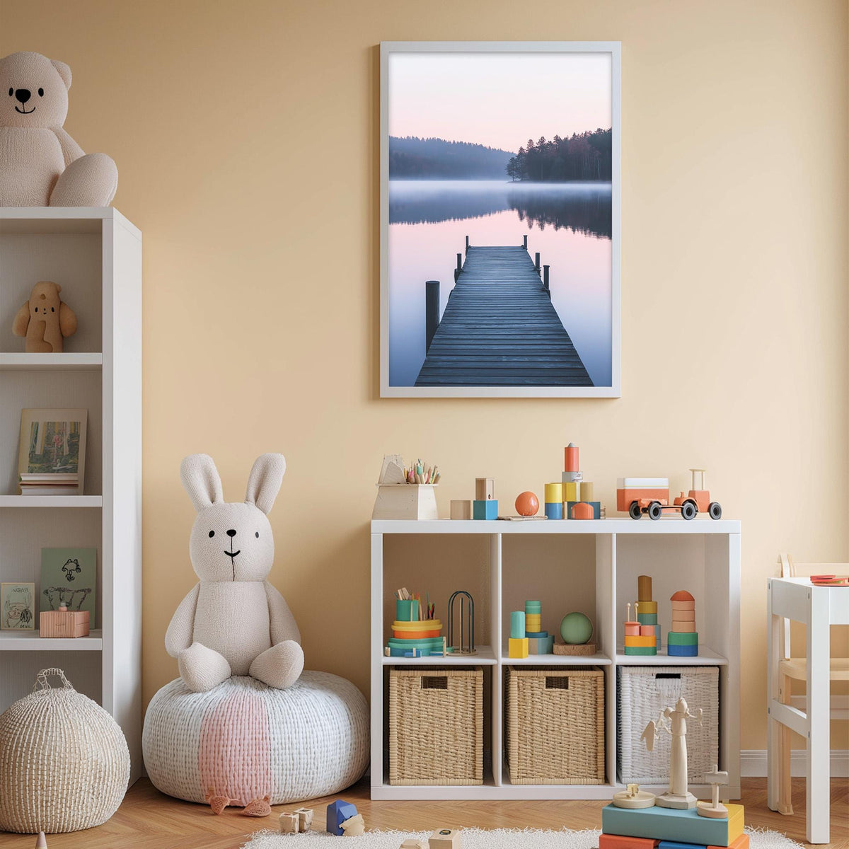 A cozy children's room with a large stuffed bunny, a bookshelf, and a toy chest filled with toys. The room has a warm, inviting atmosphere, with a framed picture of a dock and a lake in the background.