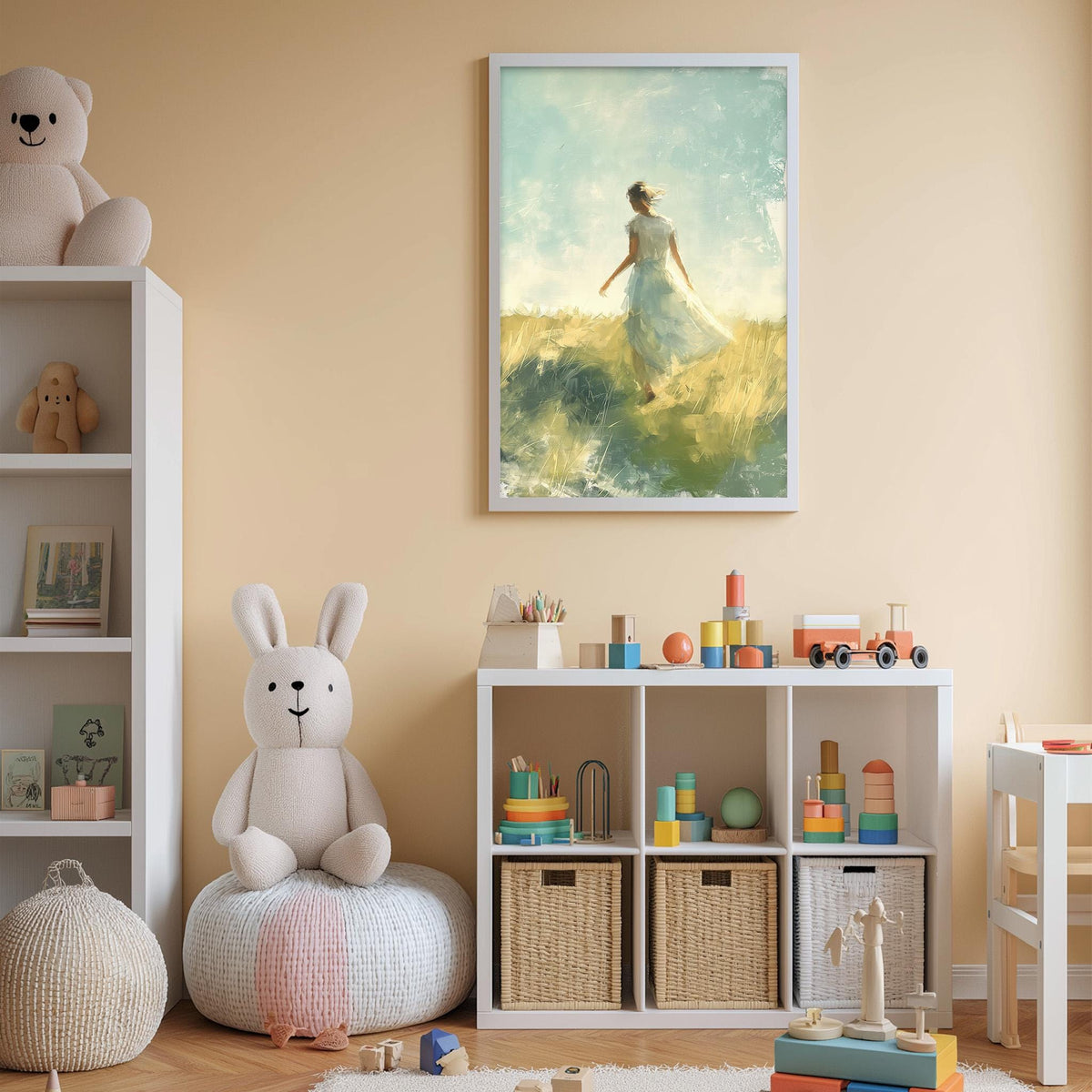 a cozy and well-organized children's bedroom, featuring a large painting of a woman in a field, a white bookshelf filled with toys, and a white bean bag chair.