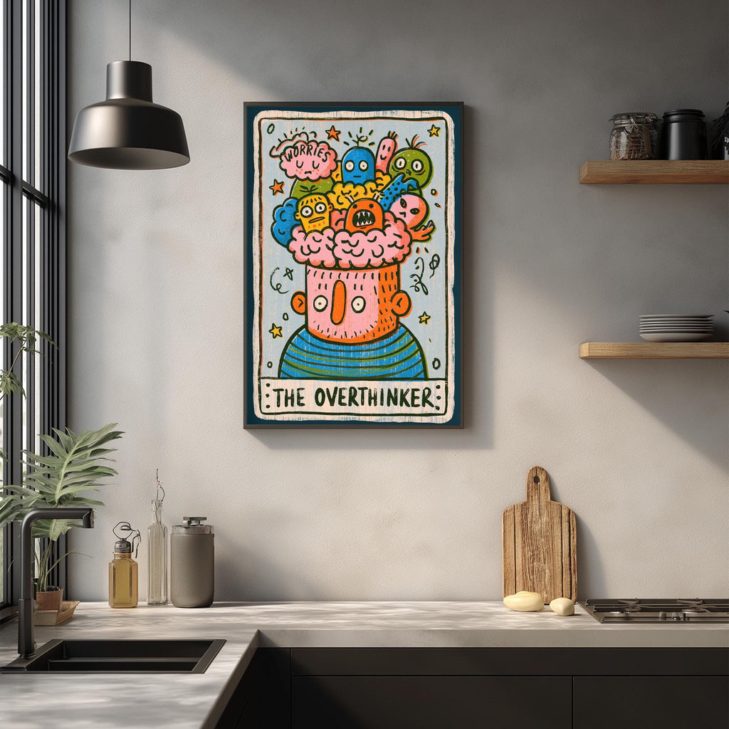 a colorful and whimsical poster of a character with a large head, surrounded by various other characters, hanging on a wall above a kitchen counter.