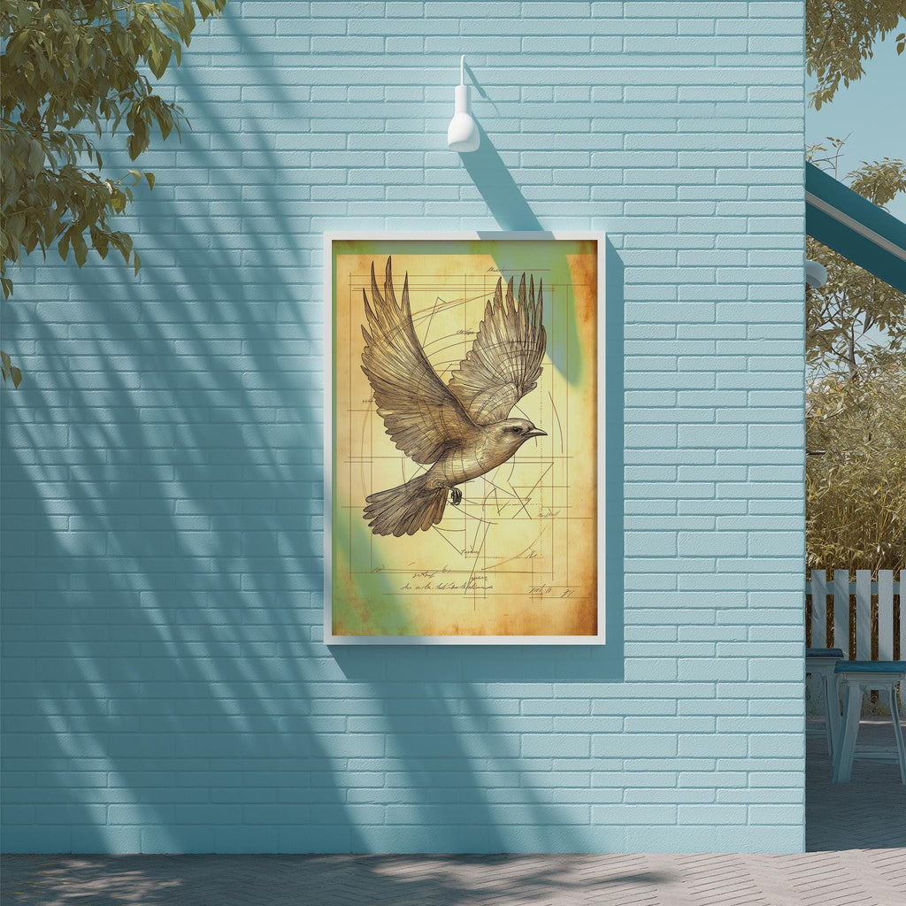 a framed illustration of a bird in flight, mounted on a blue brick wall.